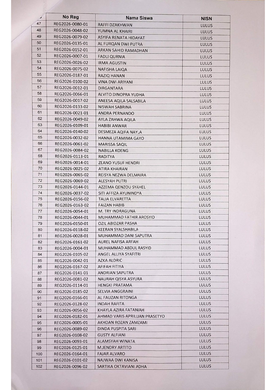 PENGUMUMAN HASIL TES PENGETAHUAN DAN TES BACA AL QURAN PMBM JALUR REGULER MTsN 5 KAMPAR TA. 2026.2027